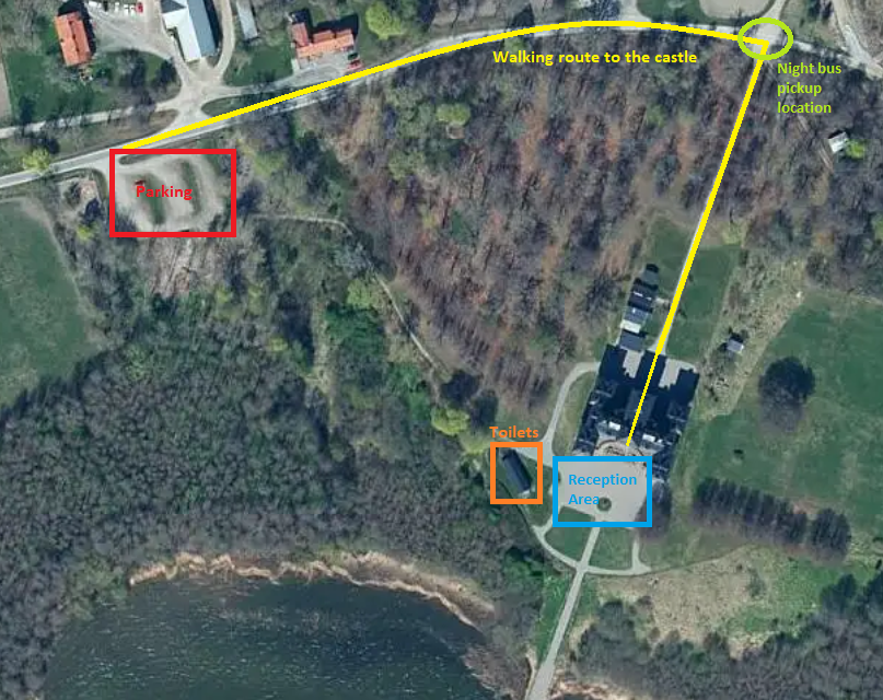 Karta över Mälsåkers Slott med parkering, gångväg, toaletter och mingelområde markerat